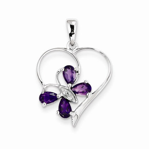Sterling Silver Rhodium Amethyst & Diamond Butterfly Heart Pendant, Pendants for Necklace