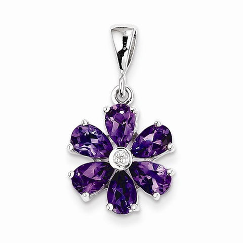 Sterling Silver Rhodium Amethyst & Diamond Flower Pendant, Pendants for Necklace