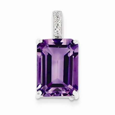 Sterling Silver Rhodium Emerald-cut Amethyst & Diamond pendant, Pendants for Necklace