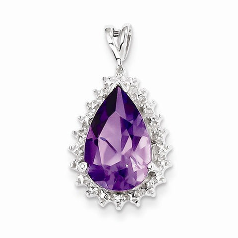 Sterling Silver Rhodium Amethyst & Diamond Pear Pendant, Pendants for Necklace