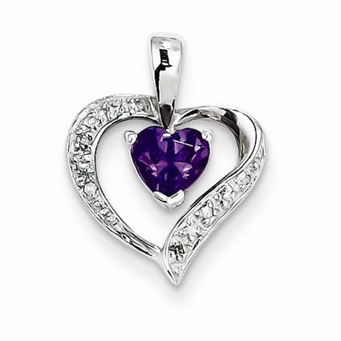 Sterling Silver Rhodium Heart Amethyst & Diamond Heart Pendant, Pendants for Necklace