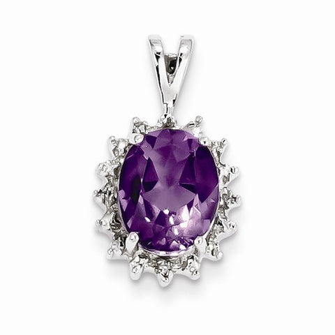 Sterling Silver Rhodium Oval Amethyst & Diamond Pendant, Pendants for Necklace