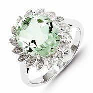 Sterling Silver w/Rhodium Green Amethyst & Diamond Ring