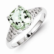 Sterling Silver w/Rhodium Green Amethyst & Diamond Ring