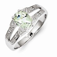 Sterling Silver w/Rhodium Green Amethyst & Diamond Ring