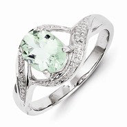 Sterling Silver w/Rhodium Green Amethyst & Diamond Ring