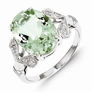 Sterling Silver w/Rhodium Green Amethyst & Diamond Ring
