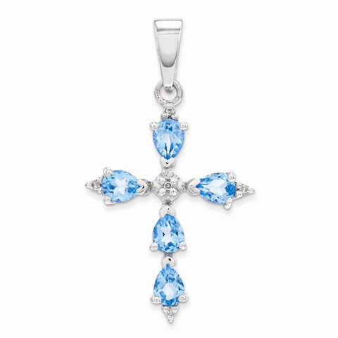 Sterling Silver Rhodium Pear Swiss Blue Topaz Cross Pendant, Pendants for Necklace