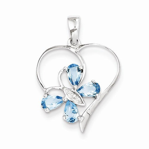 Sterling Silver SW Blue Topaz & Diamond Butterfly Heart Pendant, Pendants for Necklace
