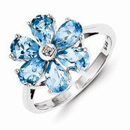 Sterling Silver w/Rhodium Light Swiss Blue Topaz & Diamond Flower Ring