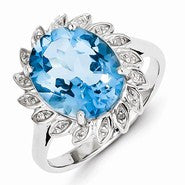 Sterling Silver w/Rhodium Light Swiss Blue Topaz Diamond Ring