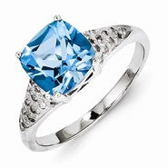 Sterling Silver w/Rhodium Light Swiss Blue Topaz Diamond Ring
