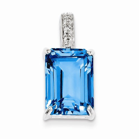 Sterling Silver Emerald-cut Swiss Blue Topaz & Diamond pendant, Dazzling Pendants for Necklace