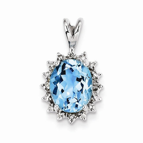 Sterling Silver Rhodium Oval Swiss Blue Topaz & Diamond Pendant, Pendants for Necklace