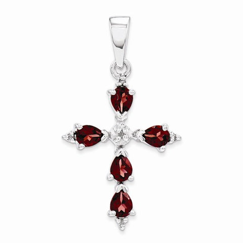 Sterling Silver Rhodium Pear Garnet Cross Pendant, Pendants for Necklace