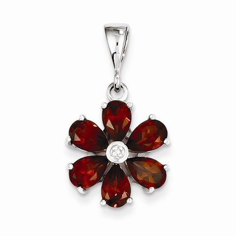 Sterling Silver Rhodium Garnet & Diamond Flower Pendant, Pendants for Necklace