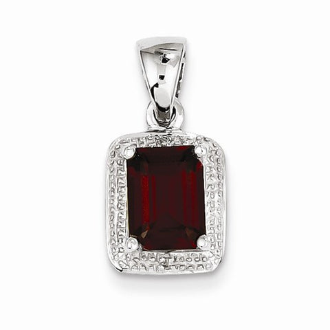 Sterling Silver Rhodium Emerald-cut Garnet & Diamond Pendant, Pendants for Necklace