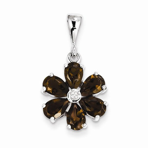 Sterling Silver Rhodium Smokey Qtz & Diamond Flower Pendant, Pendants for Necklace