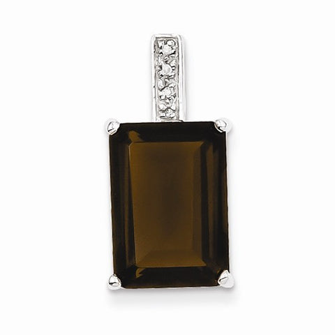 Sterling Silver Rhodium Emerald-cut Smokey Quartz & Diamond pendant, Exquisite Pendants for Necklace