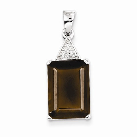 Sterling Silver Rhodium Emerald-cut Smokey Quartz & Diamond pendant, Fine Pendants for Necklace