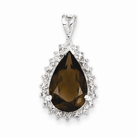 Sterling Silver Rhodium Smokey Quartz & Diamond Pear Pendant, Pendants for Necklace