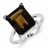 Sterling Silver w/Rhodium Smokey Quartz Diamond Ring