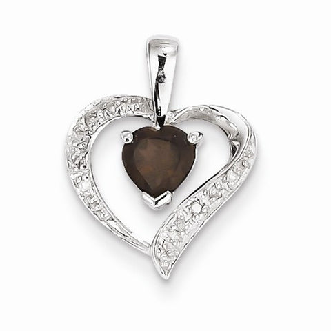 Sterling Silver Rhodium Heart Smokey Quartz & Diamond Heart Pendant, Pendants for Necklace