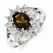 Sterling Silver w/Rhodium Smokey Quartz & Diamond Ring