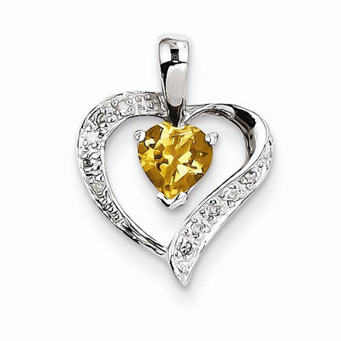 Sterling Silver Rhodium Heart Citrine & Diamond Heart Pendant, Pendants for Necklace