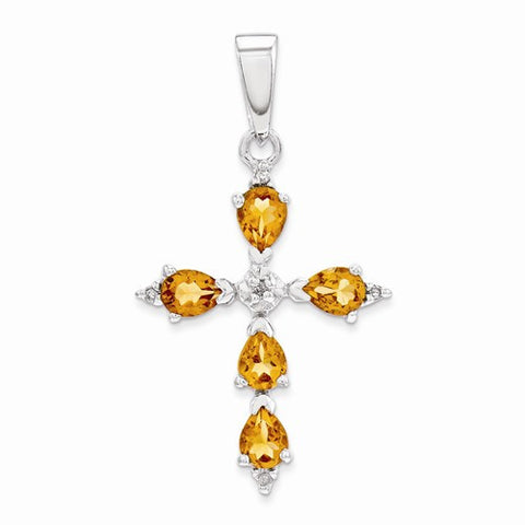 Sterling Silver Rhodium Pear Citrine Cross Pendant, Pendants for Necklace