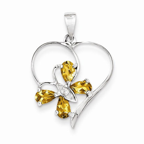 Sterling Silver Rhodium Citrine & Diamond Butterfly Heart Pendant, Pendants for Necklace