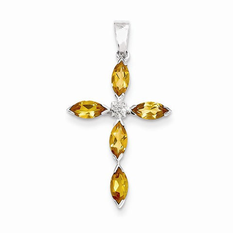 Sterling Silver Rhodium Citrine & Diamond Cross pendant, Lovely Pendants for Necklace