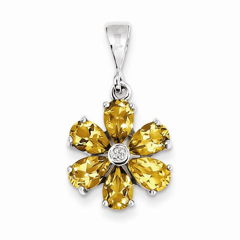Sterling Silver Rhodium Citrine & Diamond Flower Pendant, Pendants for Necklace