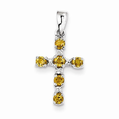 Sterling Silver Rhodium Citrine & Diamond Cross pendant, Charm