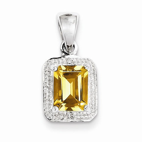 Sterling Silver Rhodium Emerald-cut Citrine & Diamond pendant, Beautiful Pendants for Necklace