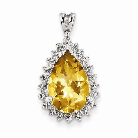 Sterling Silver Rhodium Citrine & Diamond Pear Pendant, Pendants for Necklace