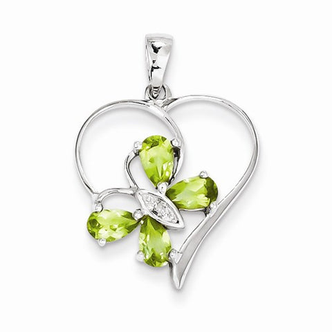 Sterling Silver Rhodium Peridot & Diamond Butterfly Heart Pendant, Pendants for Necklace