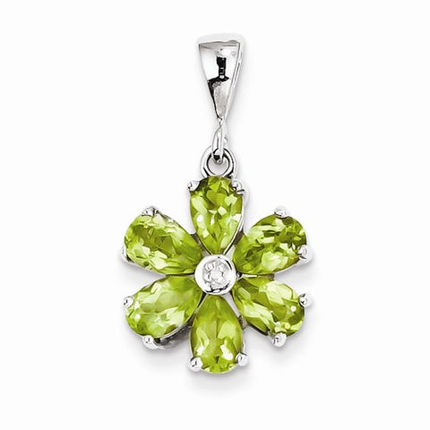 Sterling Silver Rhodium Peridot & Diamond Flower Pendant, Pendants for Necklace