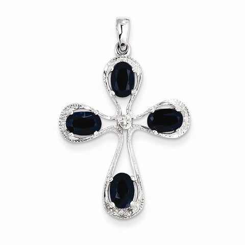 Sterling Silver Rhodium Dark Sapphire & Diamond Cross pendant, Delightful Pendants for Necklace