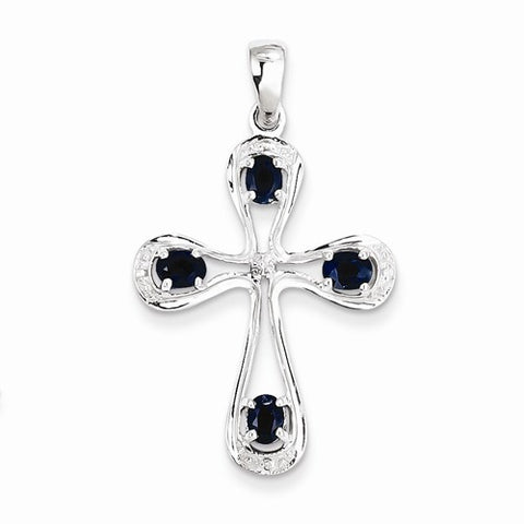 Sterling Silver Rhodium Dark Sapphire & Diamond Cross pendant, Exquisite Pendants for Necklace