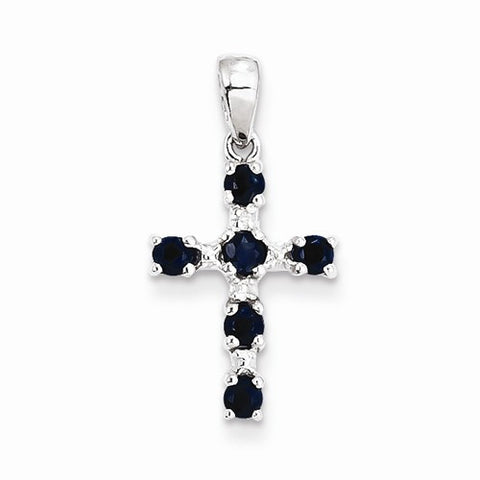 Sterling Silver Rhodium Dark Sapphire & Diamond Cross pendant, Fine Pendants for Necklace