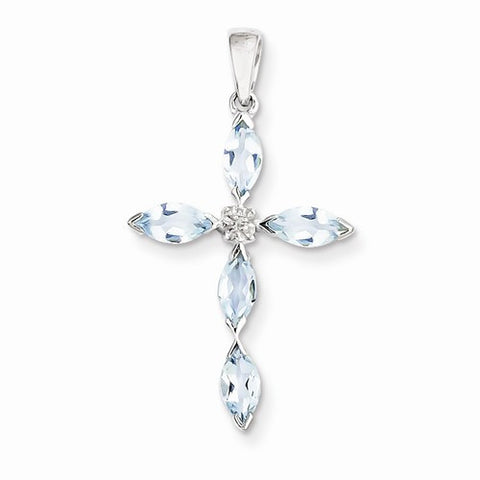 Sterling Silver Rhodium Aqua & Diamond Cross pendant, Pendants for Necklace