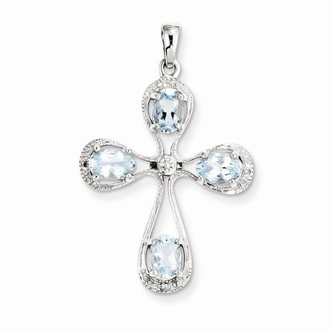 Sterling Silver Rhodium Aqua & Diamond Cross pendant, Pretty Pendants for Necklace