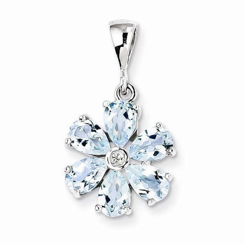 Sterling Silver Rhodium Aqua & Diamond Flower Pendant, Pendants for Necklace