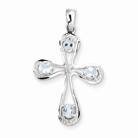 Sterling Silver Rhodium Aqua & Diamond Cross pendant, Gorgeous Pendants for Necklace