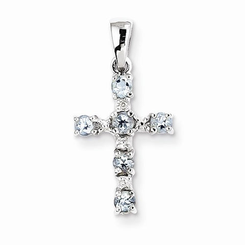 Sterling Silver Rhodium Aqua & Diamond Cross pendant, Lovely Pendants for Necklace
