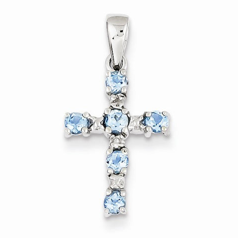 Sterling Silver Rhodium Lt Sw Blue Topaz Cross & Diamond pendant, Charm
