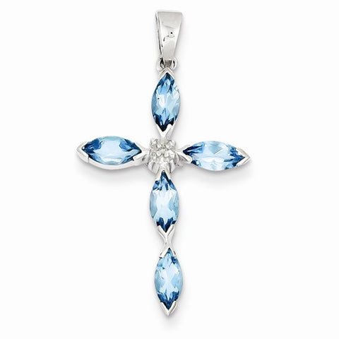 Sterling Silver Rhodium Lt Sw Blue Topaz Cross & Diamond pendant, Beautiful Pendants for Necklace