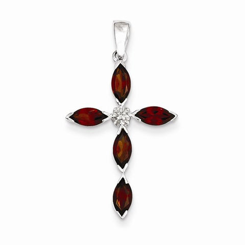 Sterling Silver Rhodium Garnet & Diamond Cross pendant, Delightful Pendants for Necklace