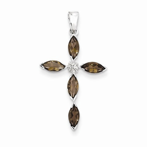 Sterling Silver Rhodium Smokey Quartz & Diamond Cross pendant, Exquisite Pendants for Necklace